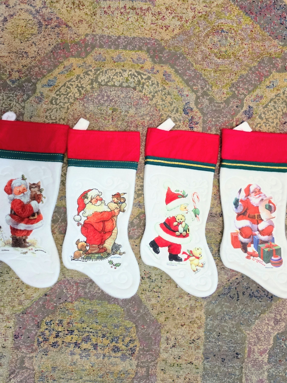 Vtg Felt Santa Christmas Stockings Set 4 White Red Cuff Morehead Giordano Best 8